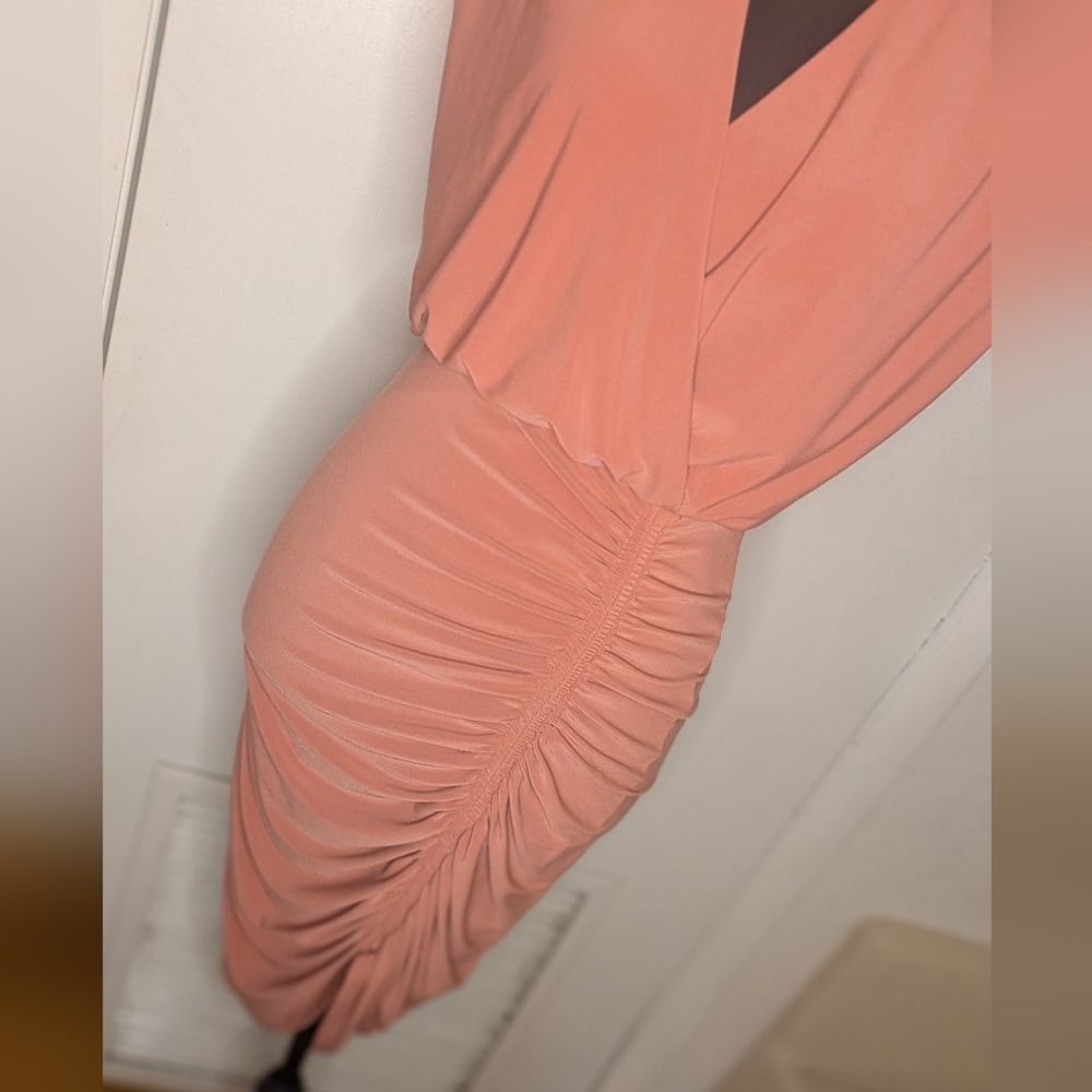 Express Ruched Bodycon Dress XS Peach Pink Draped V Neck Sleeveless